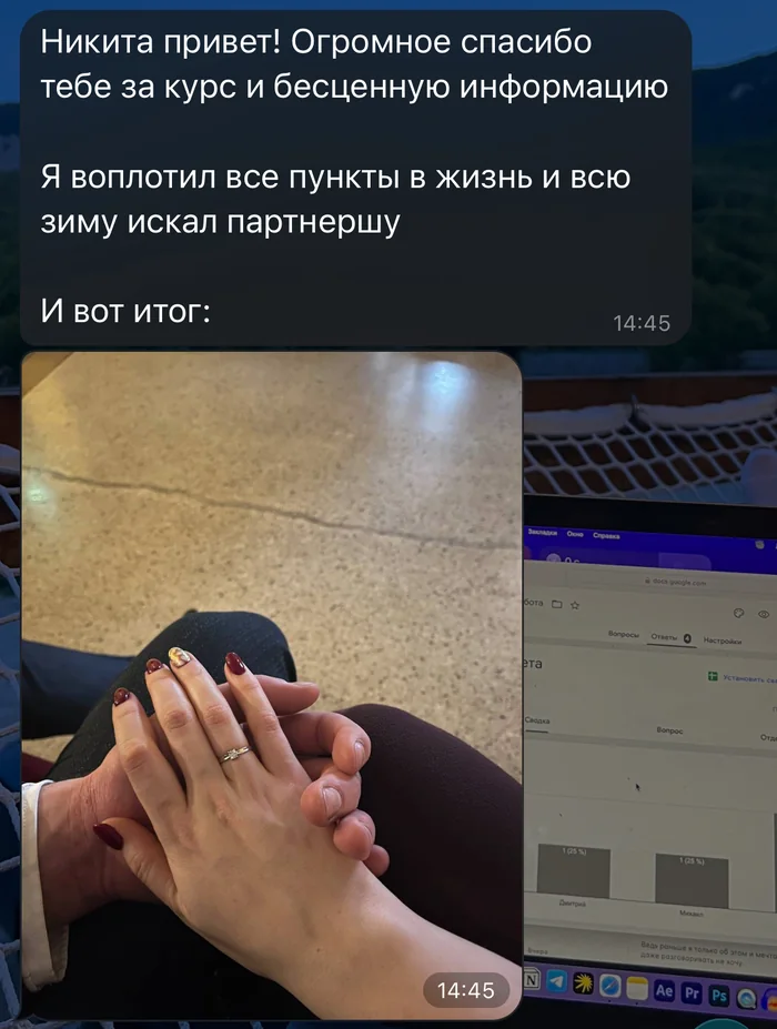 Скриншот сообщения ученика АПЛ с фото рук и кольца: воплотил все пункты в жизнь, всю зиму искал партнёршу
